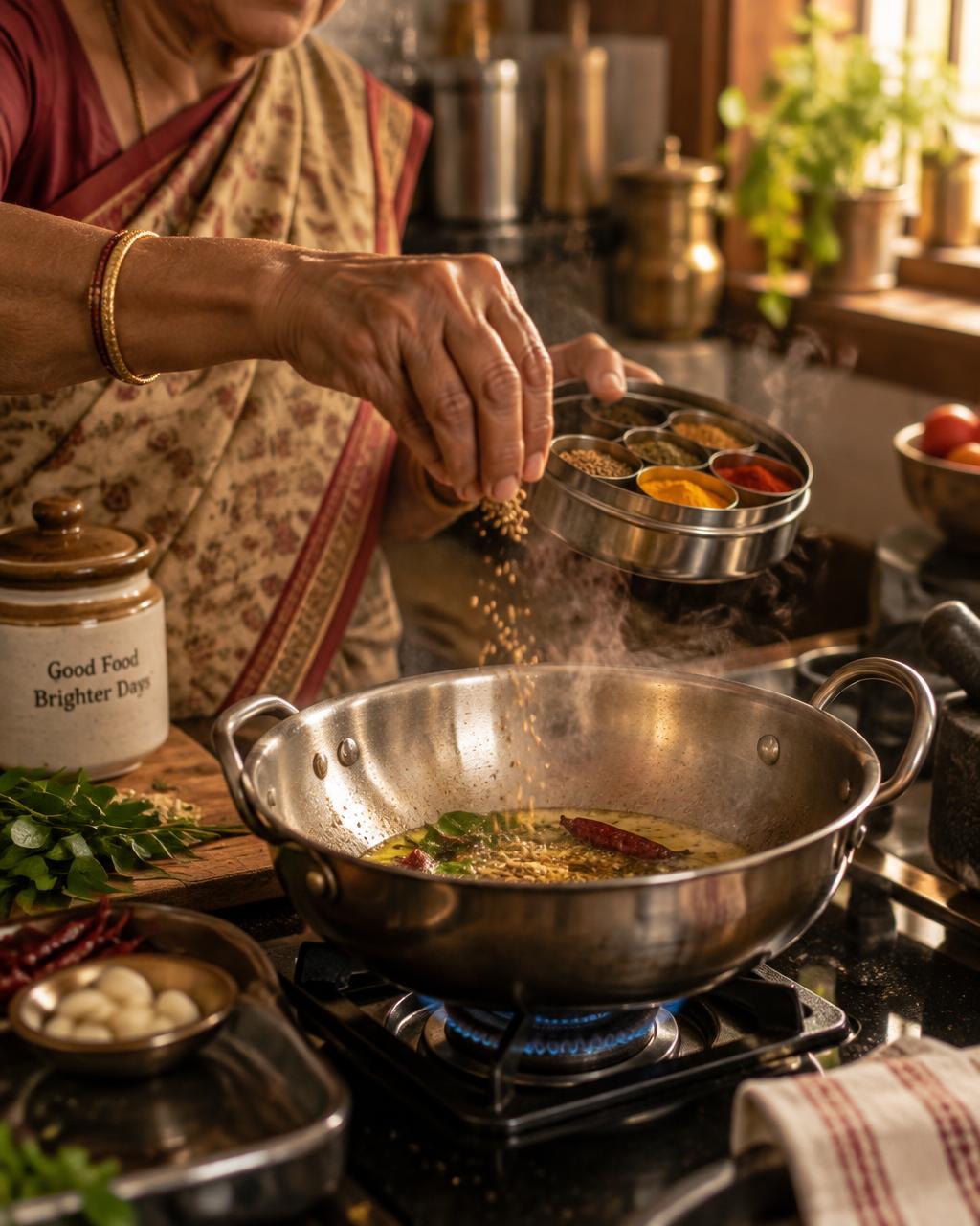 Hands adding spices into a sizzling tadka
